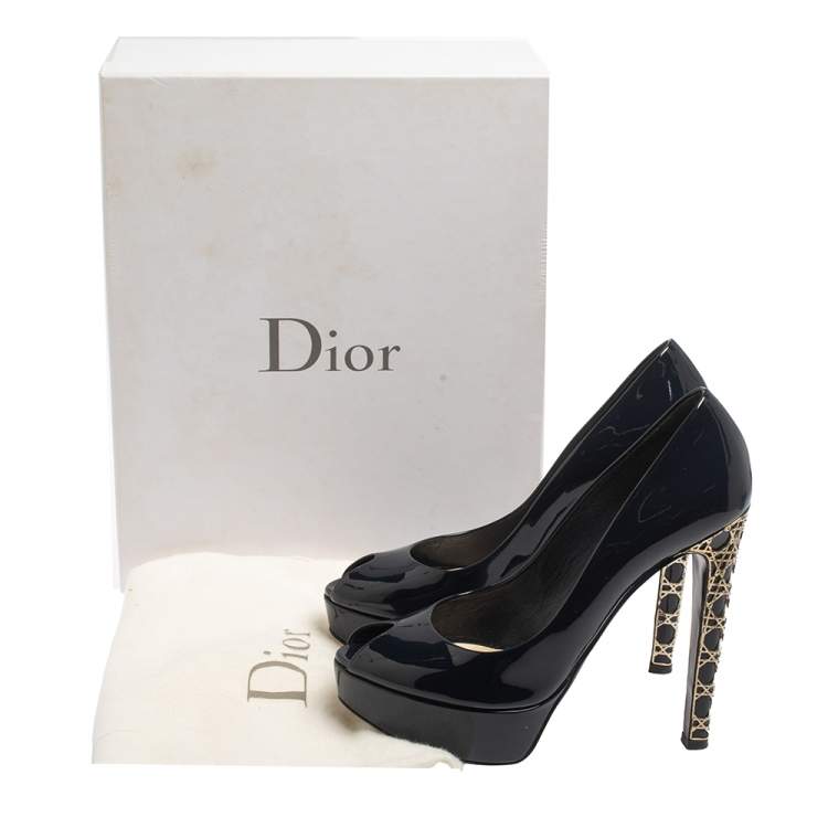 Pre Owned Dior Navy Blue Patent Leather Cannage Heel Peep Toe Platform Pumps Size 37.5