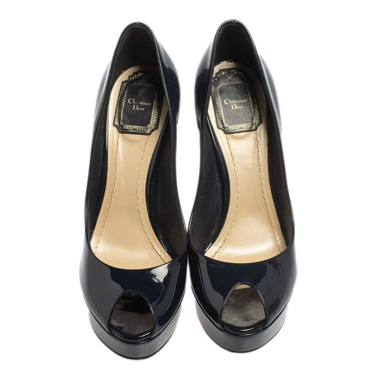 Pre Owned Dior Navy Blue Patent Leather Cannage Heel Peep Toe Platform Pumps Size 37.5