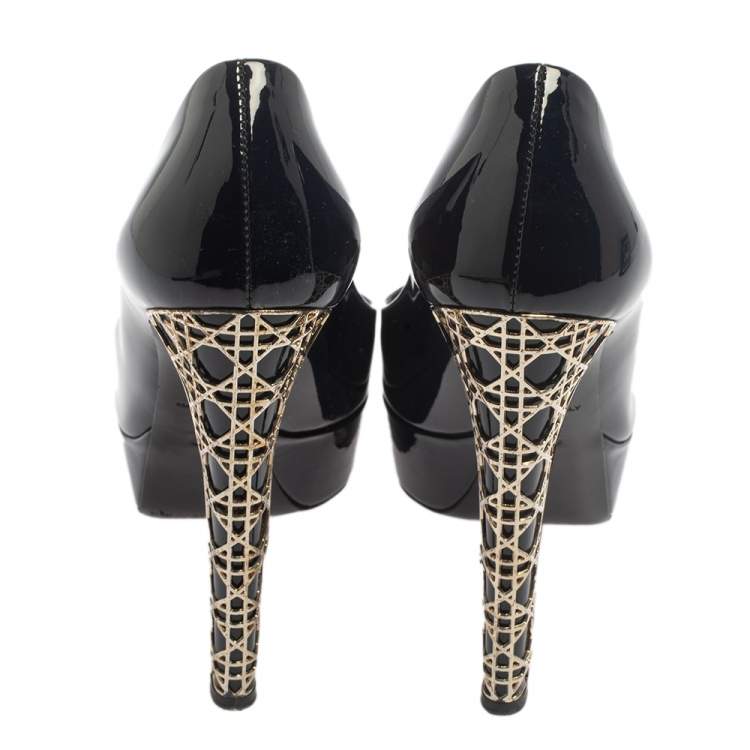 Pre Owned Dior Navy Blue Patent Leather Cannage Heel Peep Toe Platform Pumps Size 37.5