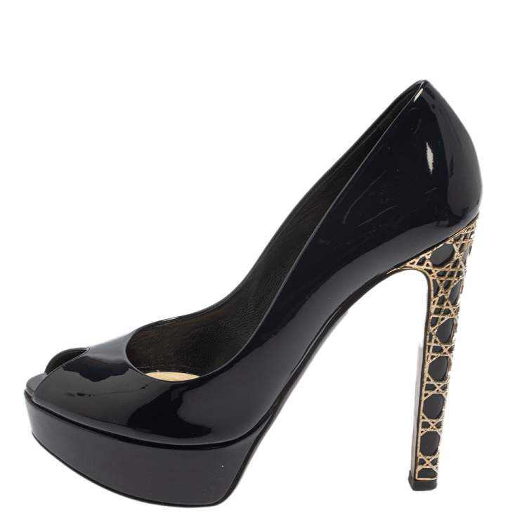 Pre Owned Dior Navy Blue Patent Leather Cannage Heel Peep Toe Platform Pumps Size 37.5
