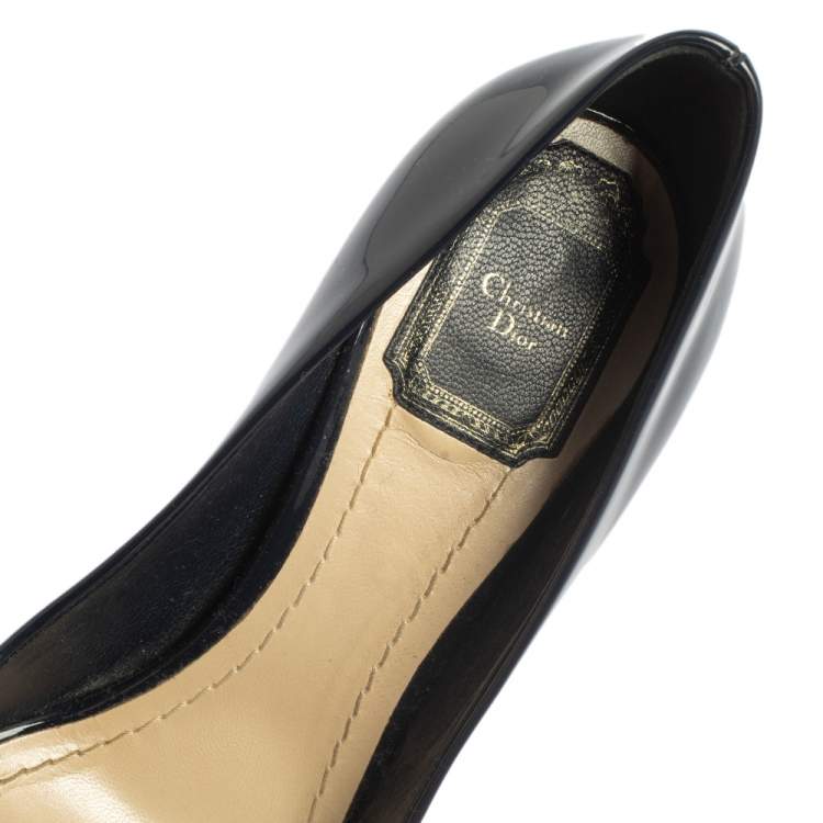 Pre Owned Dior Navy Blue Patent Leather Cannage Heel Peep Toe Platform Pumps Size 37.5