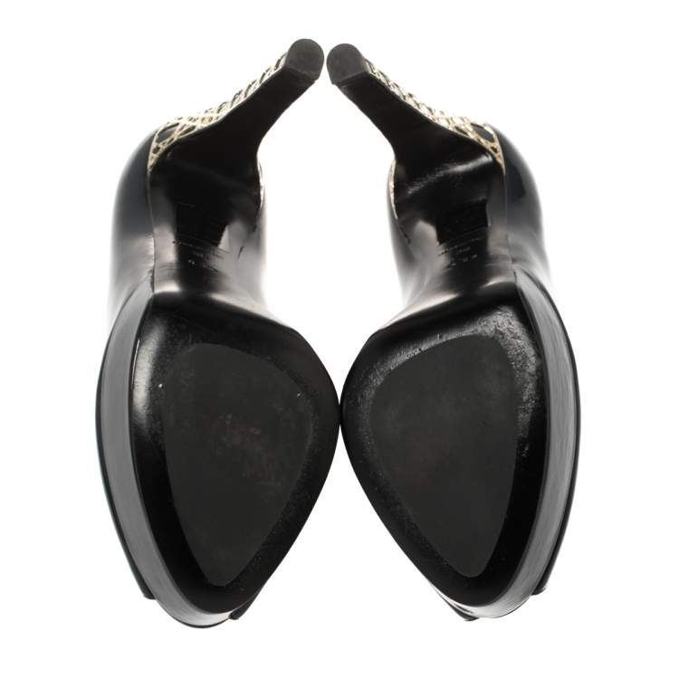 Pre Owned Dior Black Patent Leather Peep Toe Cannage Heel Platform Pumps Size 38