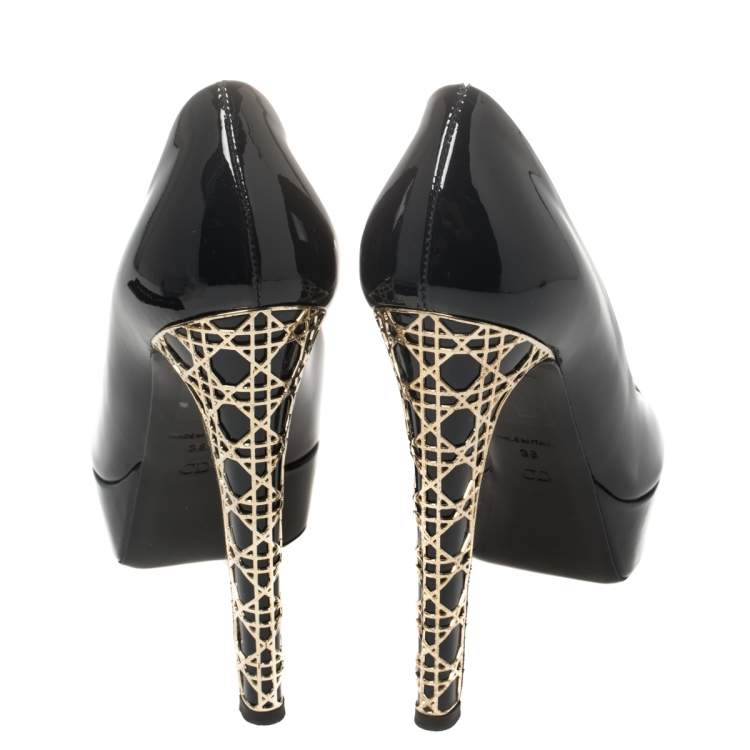 Pre Owned Dior Black Patent Leather Peep Toe Cannage Heel Platform Pumps Size 38