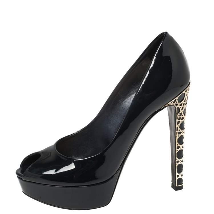 Pre Owned Dior Black Patent Leather Peep Toe Cannage Heel Platform Pumps Size 38