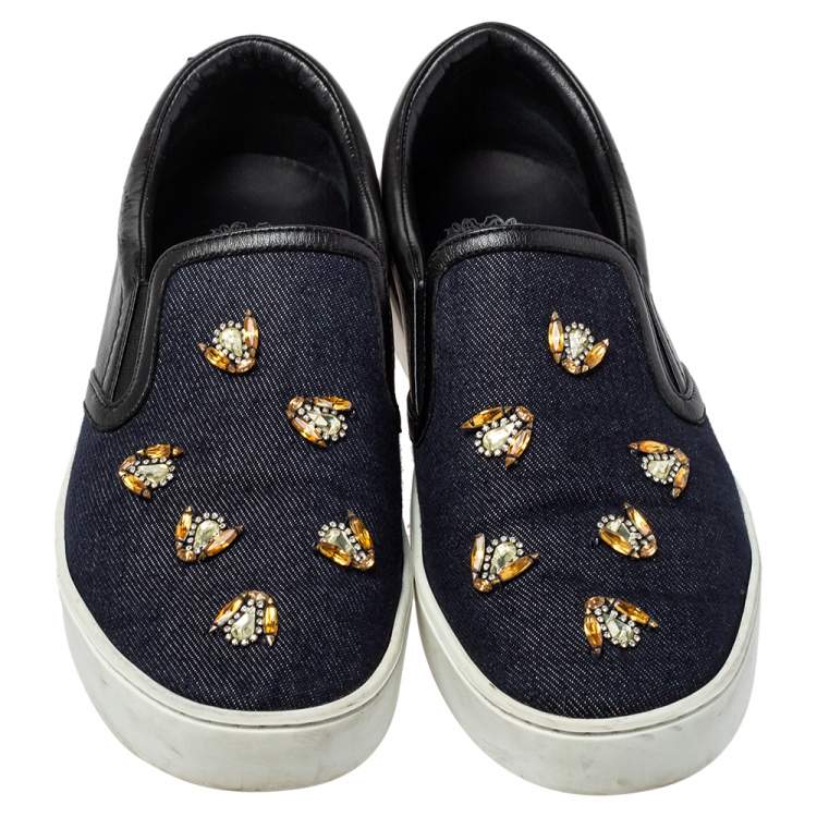 Pre Owned Dior Blue/Black Canvas And Leather Bee Embellishment Sneakers Size 38.5