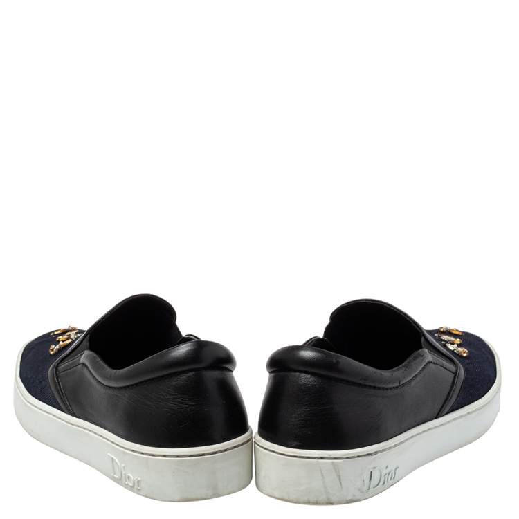 Pre Owned Dior Blue/Black Canvas And Leather Bee Embellishment Sneakers Size 38.5