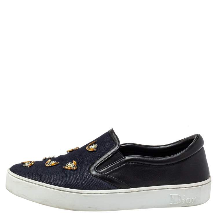 Pre Owned Dior Blue/Black Canvas And Leather Bee Embellishment Sneakers Size 38.5