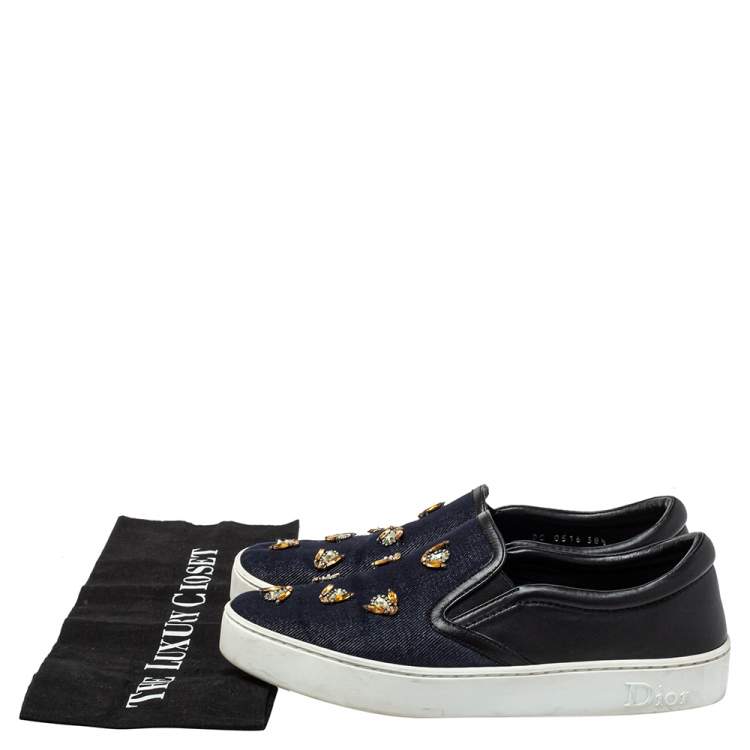 Pre Owned Dior Blue/Black Canvas And Leather Bee Embellishment Sneakers Size 38.5