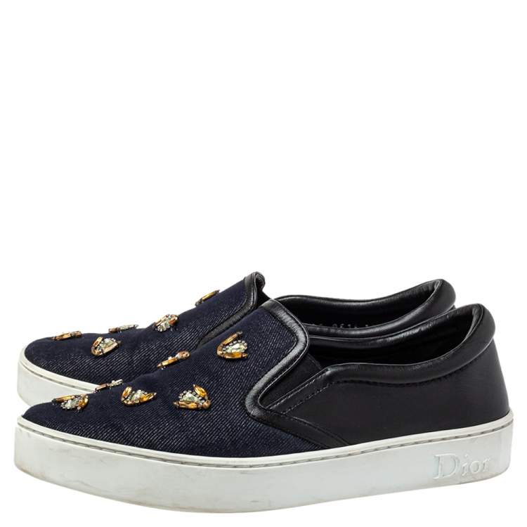 Pre Owned Dior Blue/Black Canvas And Leather Bee Embellishment Sneakers Size 38.5