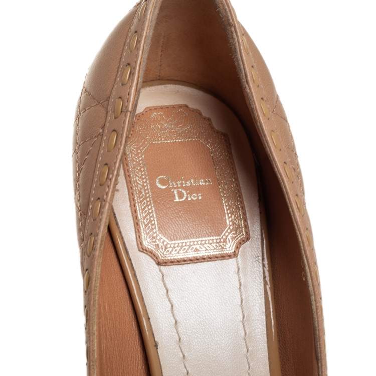 Pre Owned Dior Beige Cannage Patent And Leather Bow Peep Toe Pumps Size 38