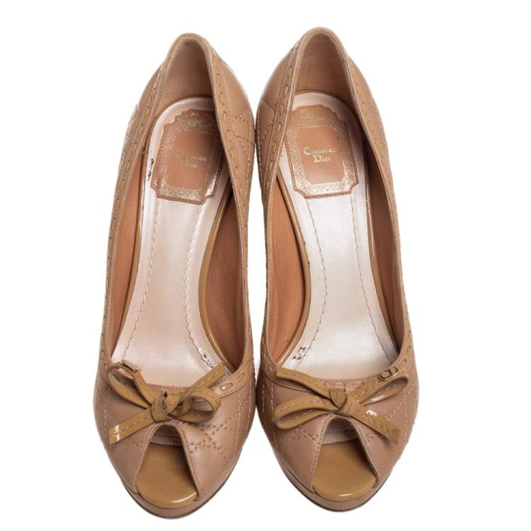 Pre Owned Dior Beige Cannage Patent And Leather Bow Peep Toe Pumps Size 38