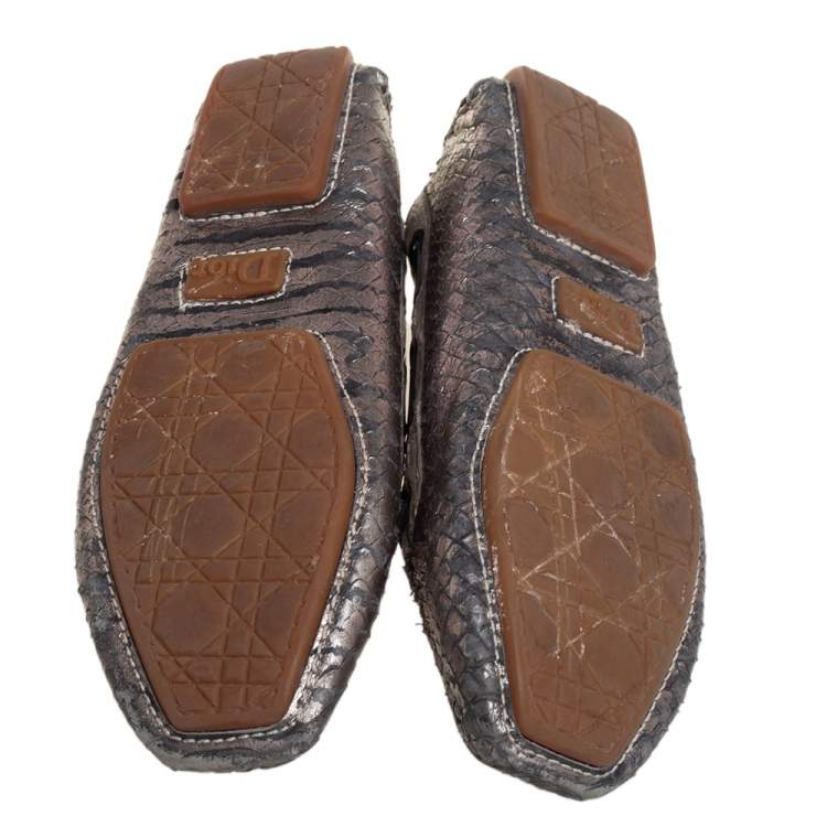 Pre Owned Dior Silver Python And Leather Slip on Loafers Size 37