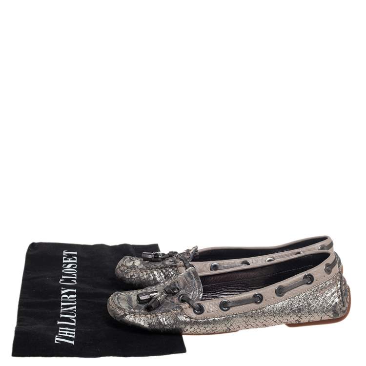 Pre Owned Dior Silver Python And Leather Slip on Loafers Size 37