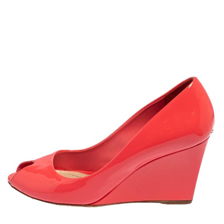 Pre Owned Christian Dior Pink Patent Leather Peep Toe Wedge Pumps Size 37