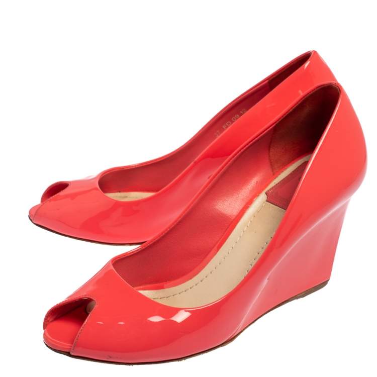 Pre Owned Christian Dior Pink Patent Leather Peep Toe Wedge Pumps Size 37