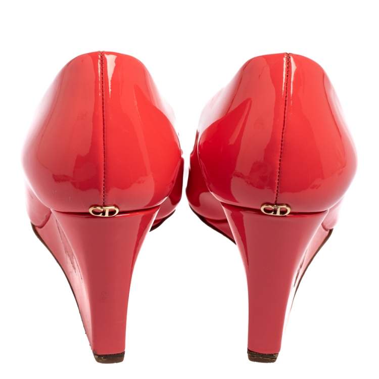 Pre Owned Christian Dior Pink Patent Leather Peep Toe Wedge Pumps Size 37