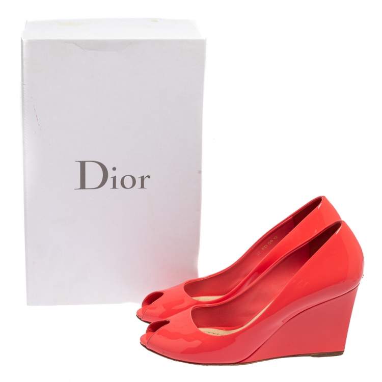 Pre Owned Christian Dior Pink Patent Leather Peep Toe Wedge Pumps Size 37