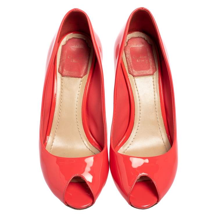 Pre Owned Christian Dior Pink Patent Leather Peep Toe Wedge Pumps Size 37
