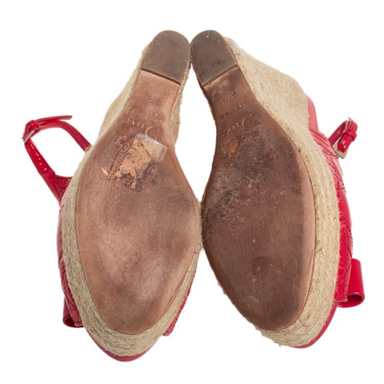 Pre Owned Dior Red Patent Cannage Leather Espadrille Wedge Peep Toe Slingback Sandals Size 37.5
