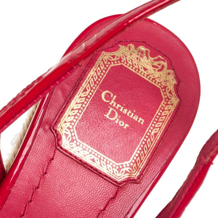 Pre Owned Dior Red Patent Cannage Leather Espadrille Wedge Peep Toe Slingback Sandals Size 37.5