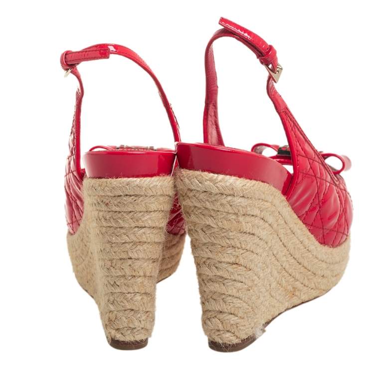 Pre Owned Dior Red Patent Cannage Leather Espadrille Wedge Peep Toe Slingback Sandals Size 37.5