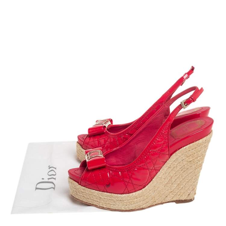 Pre Owned Dior Red Patent Cannage Leather Espadrille Wedge Peep Toe Slingback Sandals Size 37.5