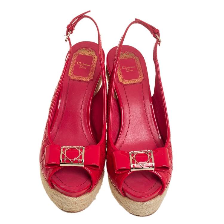 Pre Owned Dior Red Patent Cannage Leather Espadrille Wedge Peep Toe Slingback Sandals Size 37.5