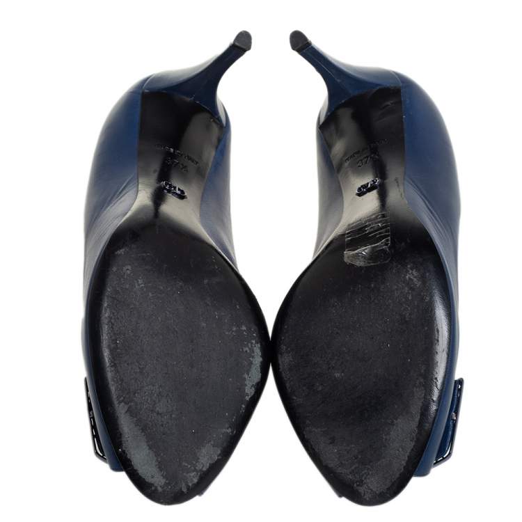 Pre Owned Dior Blue Leather Metal Cannage Plaque Detail Peep Toe Pumps Size 37.5