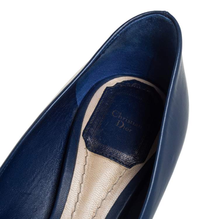 Pre Owned Dior Blue Leather Metal Cannage Plaque Detail Peep Toe Pumps Size 37.5