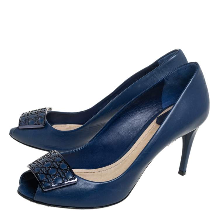 Pre Owned Dior Blue Leather Metal Cannage Plaque Detail Peep Toe Pumps Size 37.5