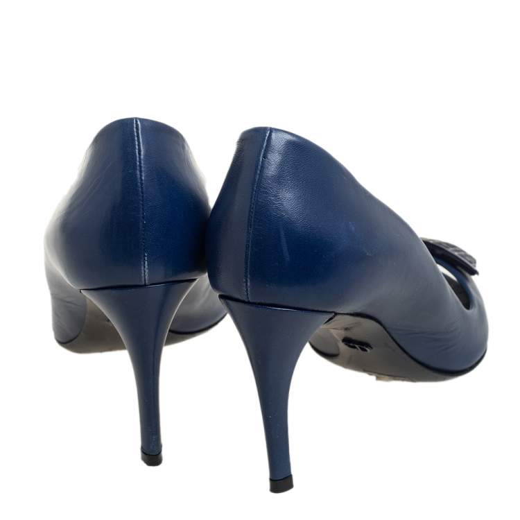 Pre Owned Dior Blue Leather Metal Cannage Plaque Detail Peep Toe Pumps Size 37.5