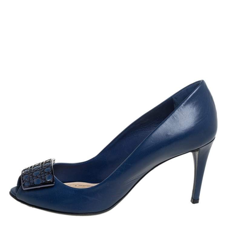 Pre Owned Dior Blue Leather Metal Cannage Plaque Detail Peep Toe Pumps Size 37.5