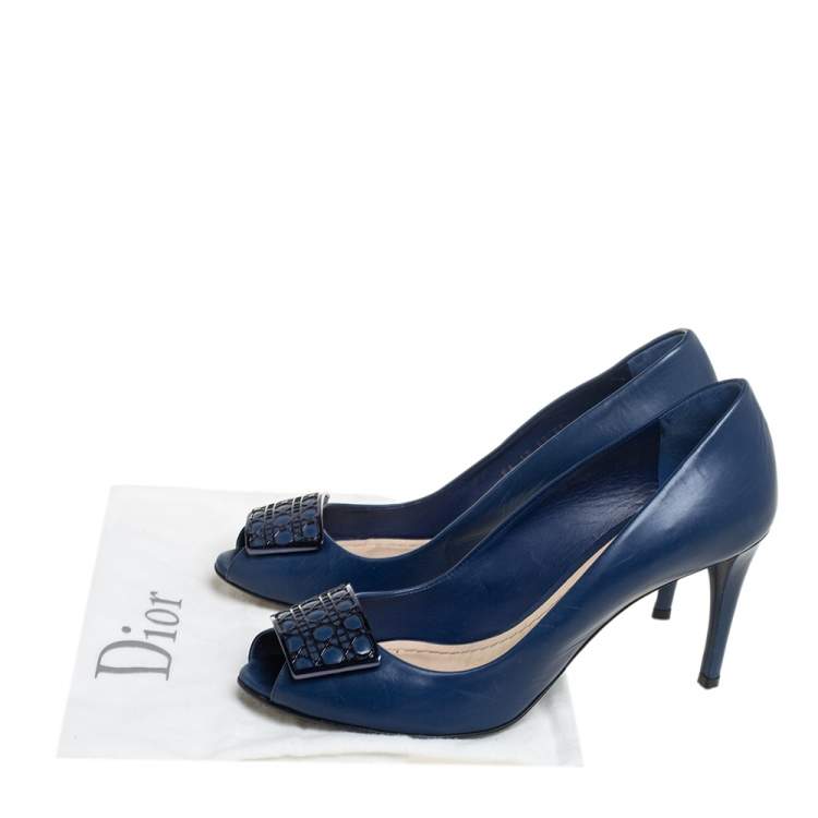 Pre Owned Dior Blue Leather Metal Cannage Plaque Detail Peep Toe Pumps Size 37.5
