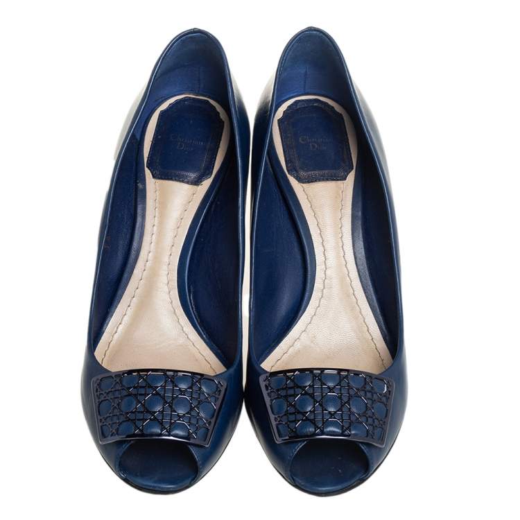 Pre Owned Dior Blue Leather Metal Cannage Plaque Detail Peep Toe Pumps Size 37.5