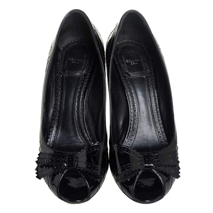Pre Owned Dior Black Patent Leather Bow Peep Toe Pumps Size 40