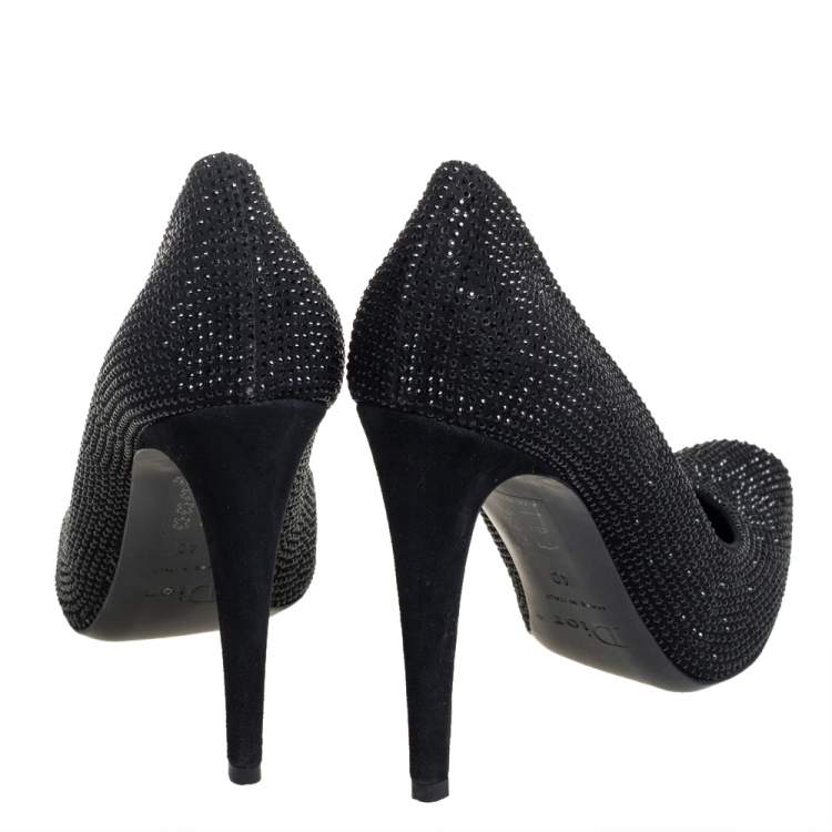 Pre Owned Dior Black Crystal Embellished Suede Square Toe Pumps Size 40