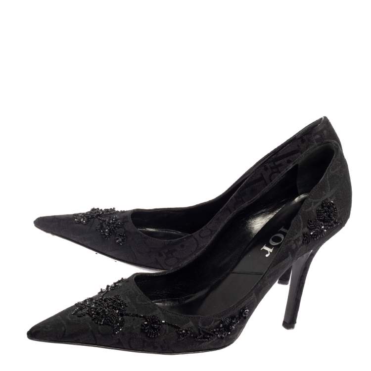 Pre Owned Dior Black Diorissimo Canvas Embellished Pointed Toe Pumps Size 39.5