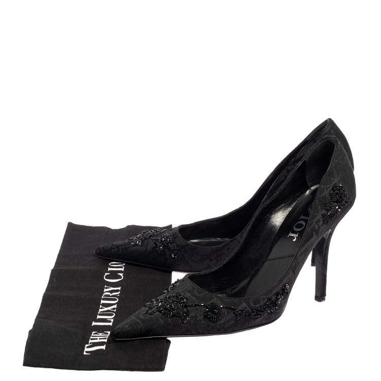 Pre Owned Dior Black Diorissimo Canvas Embellished Pointed Toe Pumps Size 39.5