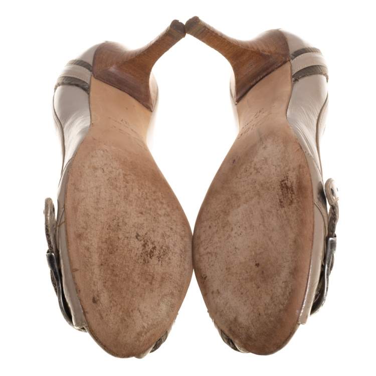 Pre Owned Dior Beige Patent Leather Buckle Detail Peep Toe Pumps Size 37