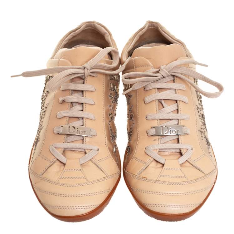 Pre Owned Dior Beige Leather And Satin Embellished Low Top Sneakers Size 41