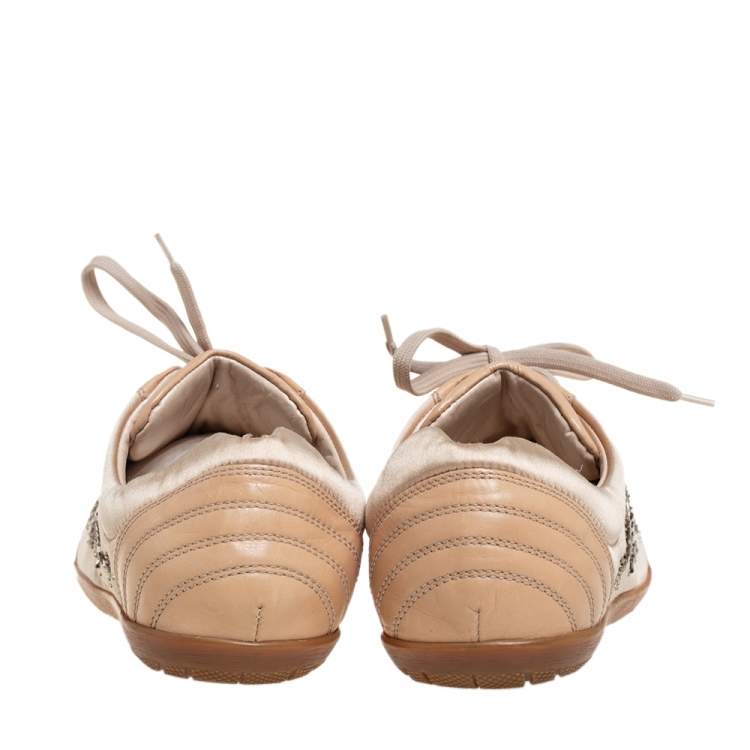 Pre Owned Dior Beige Leather And Satin Embellished Low Top Sneakers Size 41