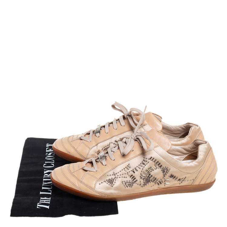 Pre Owned Dior Beige Leather And Satin Embellished Low Top Sneakers Size 41