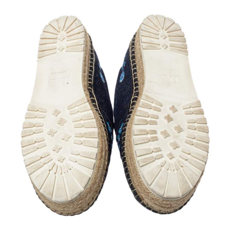 Pre Owned Dior Blue Floral Embroidered Denim Prairie Espadrille Flats Size 38.5