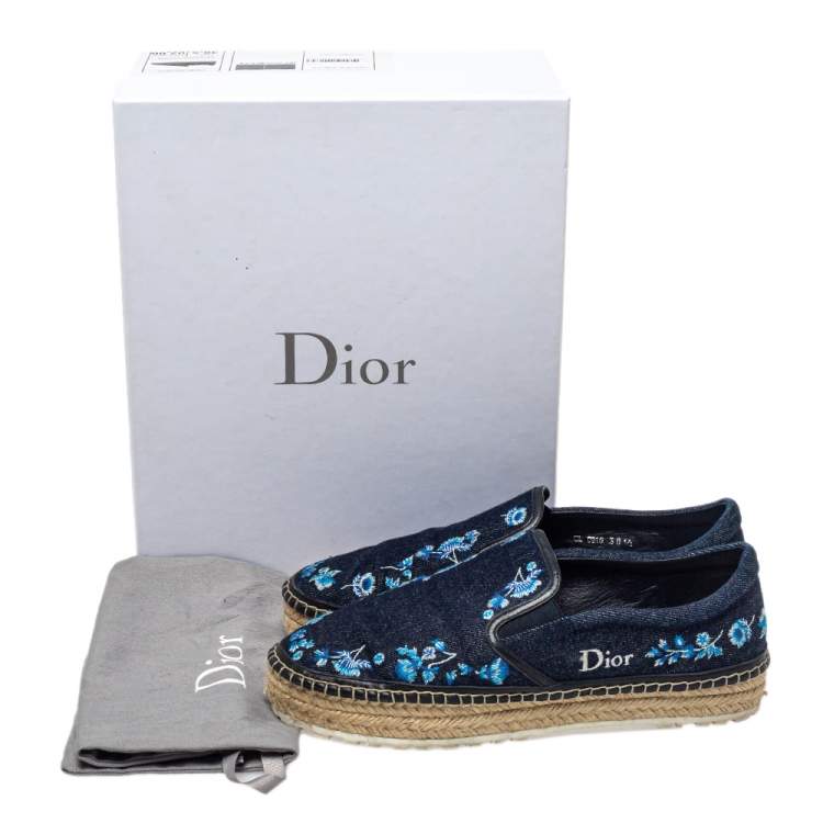 Pre Owned Dior Blue Floral Embroidered Denim Prairie Espadrille Flats Size 38.5