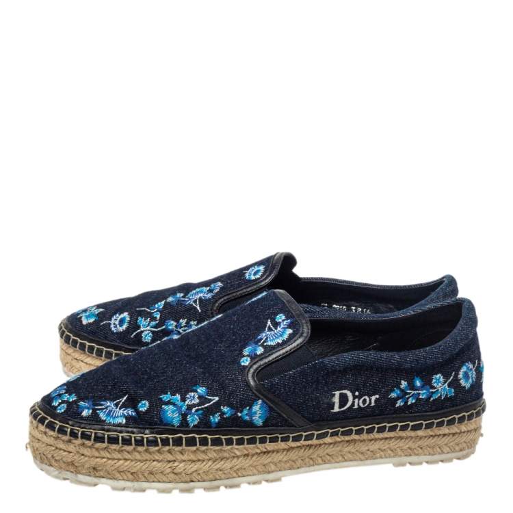 Pre Owned Dior Blue Floral Embroidered Denim Prairie Espadrille Flats Size 38.5