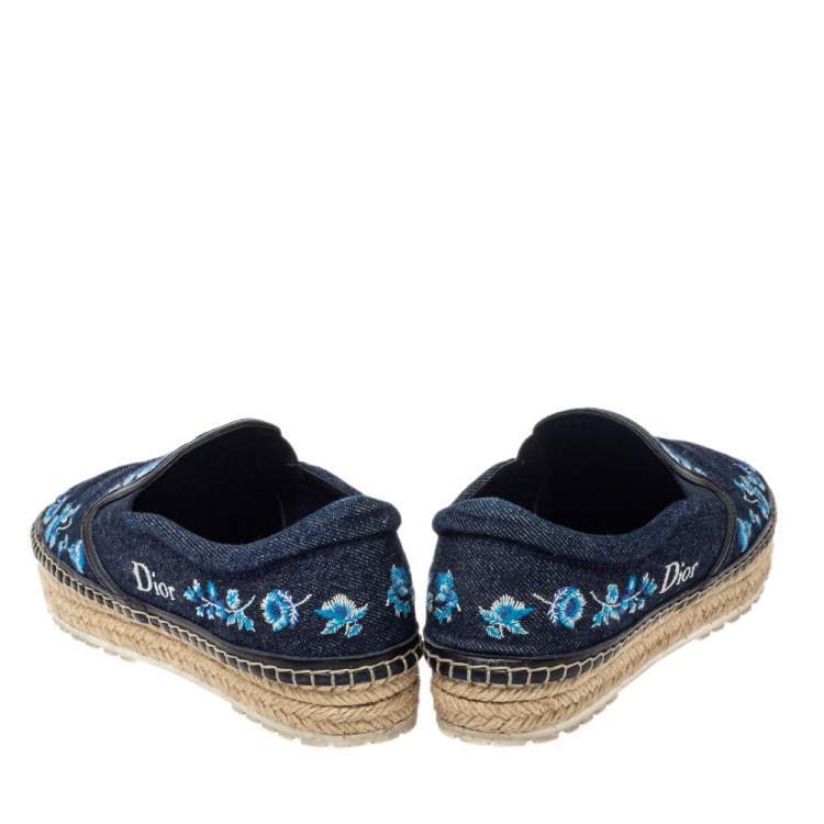 Pre Owned Dior Blue Floral Embroidered Denim Prairie Espadrille Flats Size 38.5