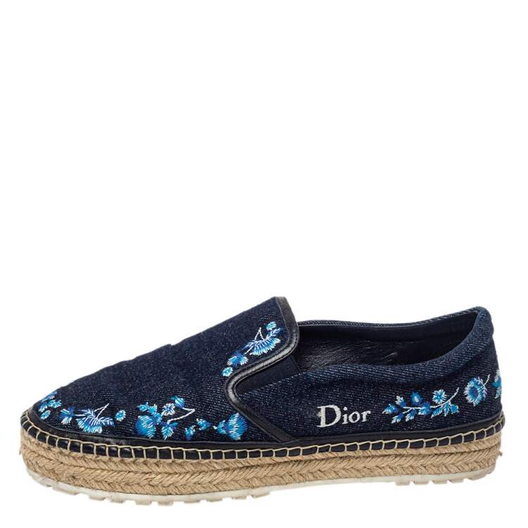 Pre Owned Dior Blue Floral Embroidered Denim Prairie Espadrille Flats Size 38.5