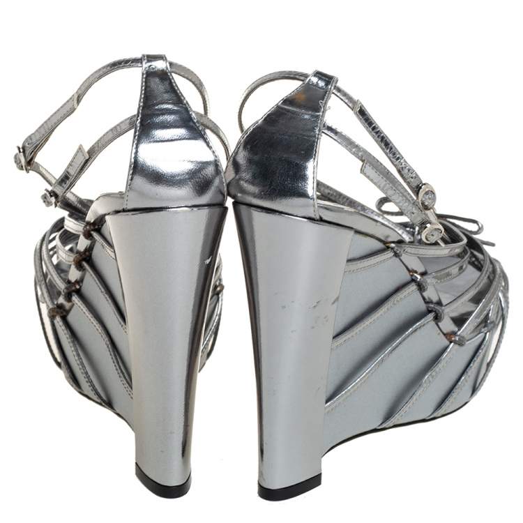 Pre Owned Dior Silver Patent Leather Strappy Platform Wedge Sandals Size 37