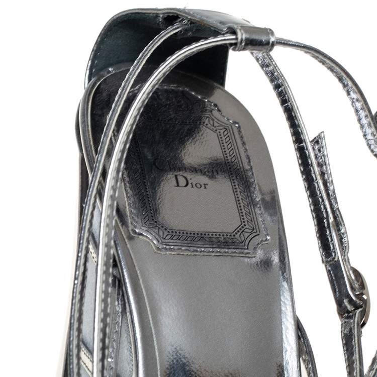 Pre Owned Dior Silver Patent Leather Strappy Platform Wedge Sandals Size 37