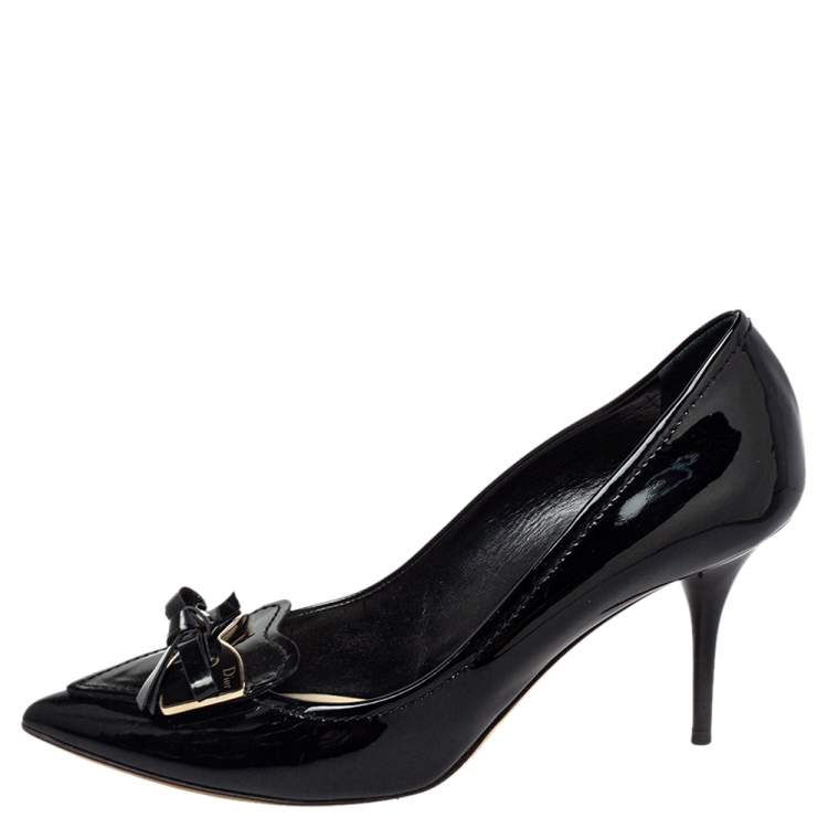 Pre Owned Dior Black Patent Leather Bow Loafer Pumps Size 39
